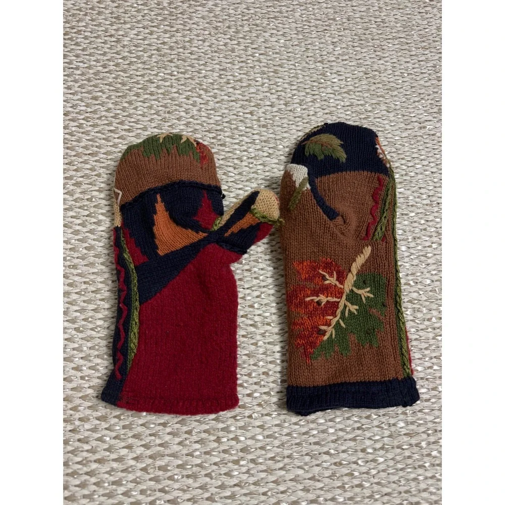 Vintage Style Knit Mittens Autumn Leaf Acorn Embroidery patchwork Cottagecore